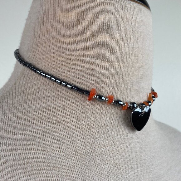 Hematite Heart Pendant & Bead Necklace Carnelian Crystal Chip Bead 15" - Picture 4 of 6